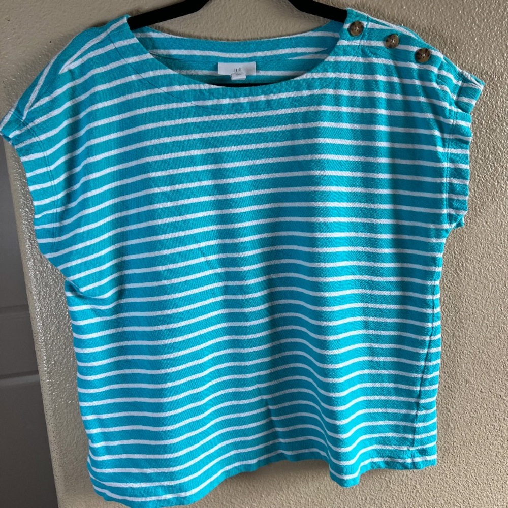 J. Jill Turquoise and White Striped Button-Shoulder Top size large